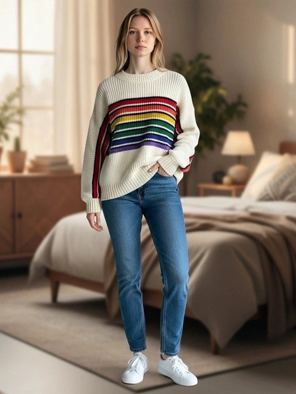 Capsule Striped Crewneck Sweater in Cream Size 12/14